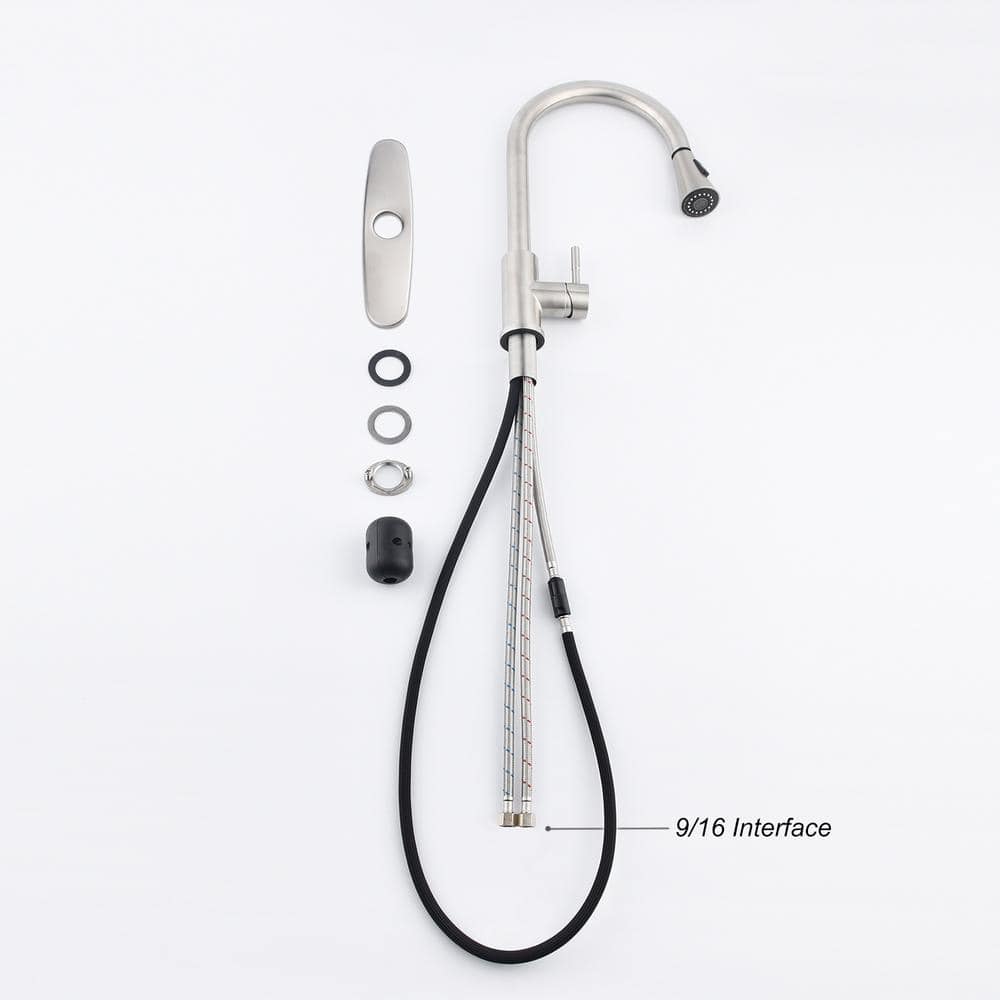 Single Handle Deck Mount Gooseneck Pull Out Sprayer Kitchen Faucet With Deck Plate And Pull-Down Sprayer In Stainless
