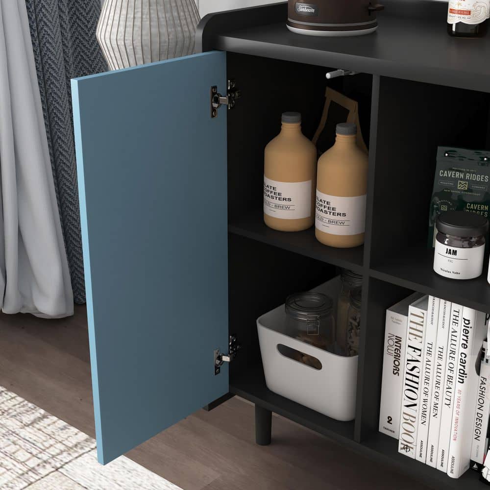 Modern Black Storage Sideboard: 2 Drawers, 2 Open Compartments, Ideal For Kitchen Coffee Stations