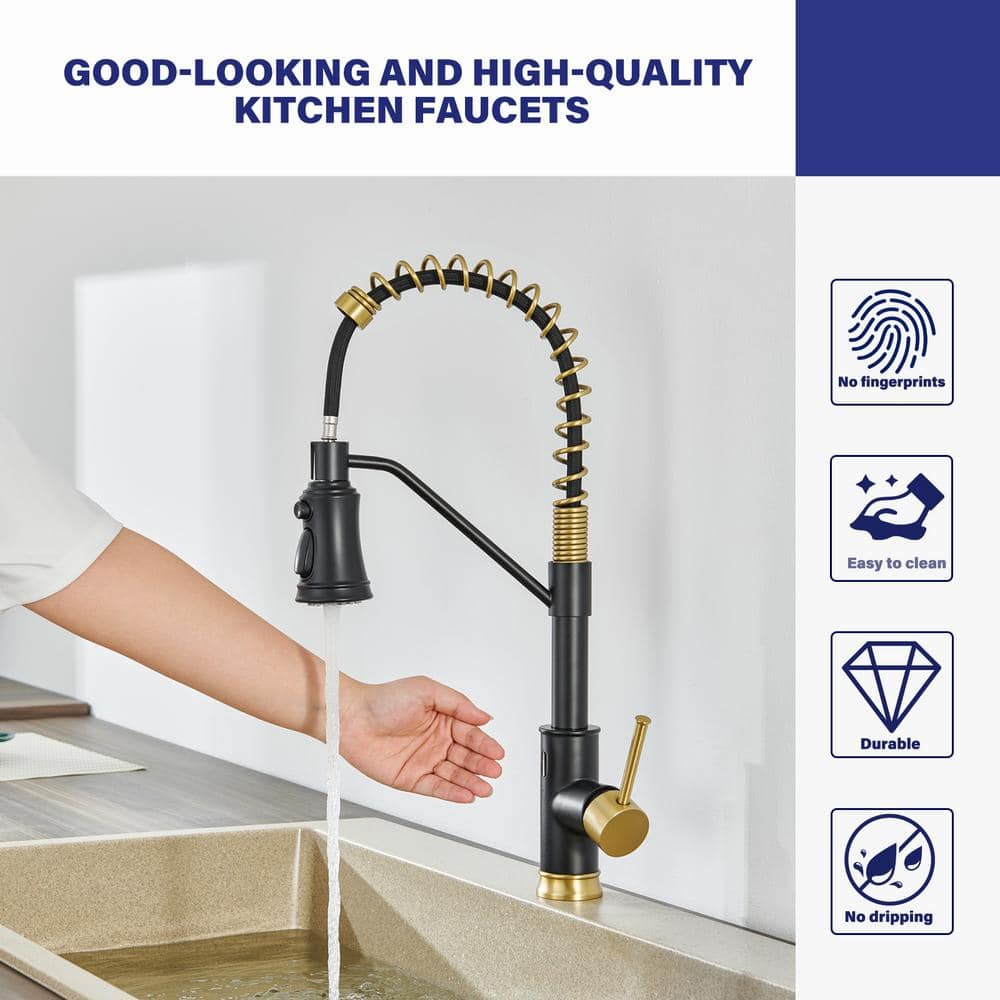 18.7 In. H Single Handle Pull Out Sprayer Kitchen Faucet With 360° Spout Swivel In Matte Black And Gold