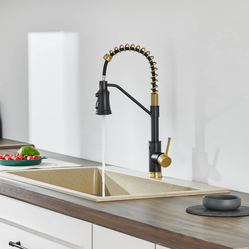 Single Handle Deck Mount Standard Kitchen Faucet In Matte Black And Gold
