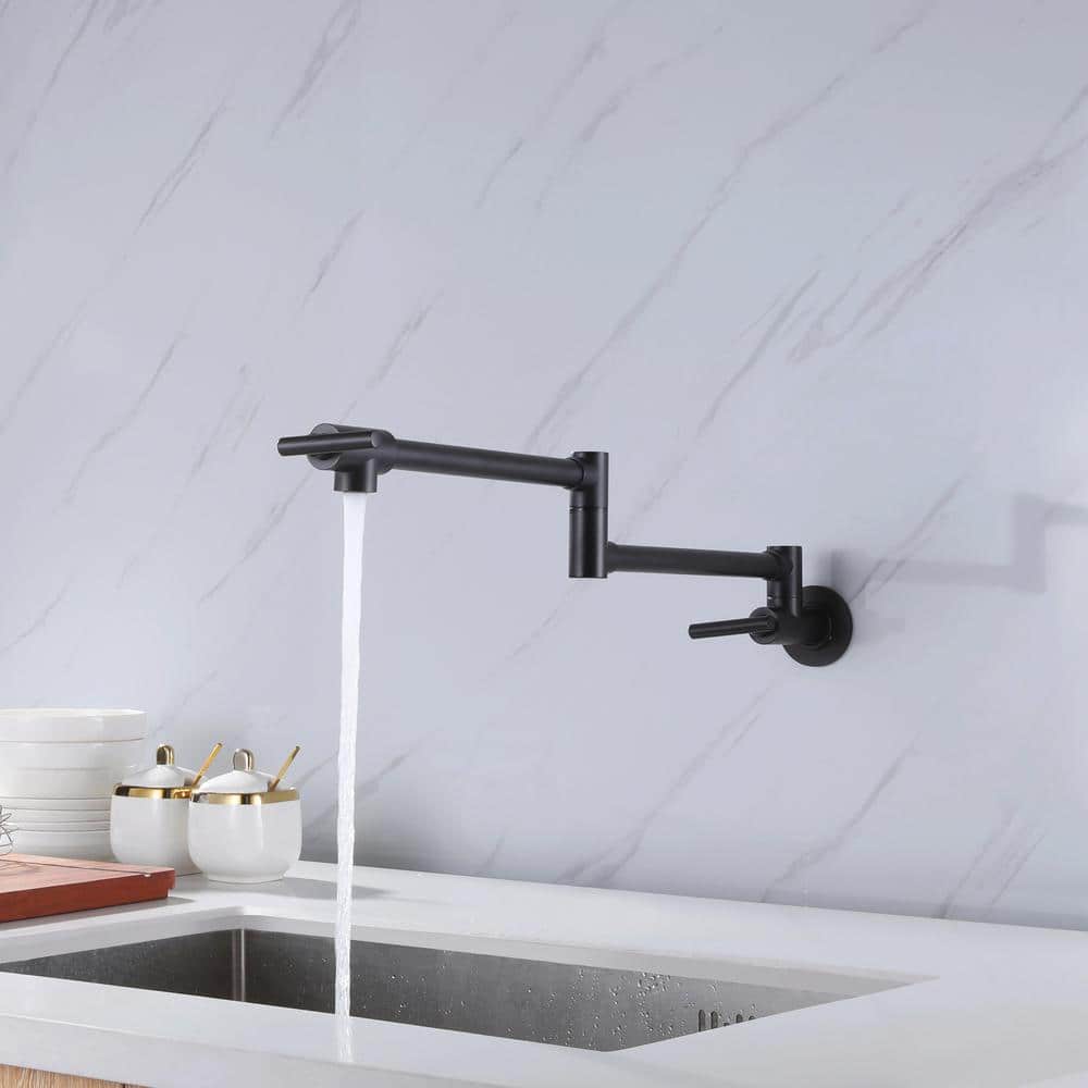 Wall Mounted Pot Filler Faucet 2 Handle With Double Joint Stretchable Folding Arm In Black