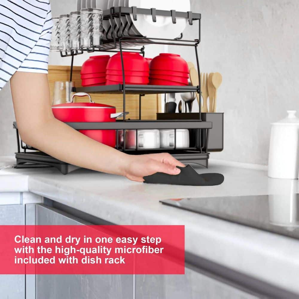 3-Tier Black Standing Dish Rack With Automatic Drainage For Kitchen Counter