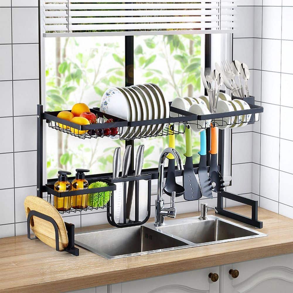 Black Stainless Steel Standing 2-Tier Over The Sink Dish Rack For Kitchen Countertop