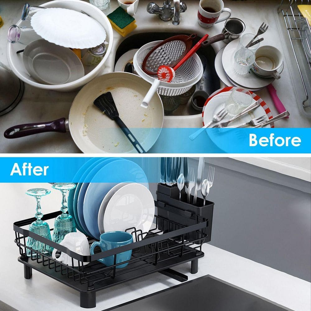 Black/Chrome Wire Standing Dish Rack With A Cutlery Holder And 4-Hook Glass Rack