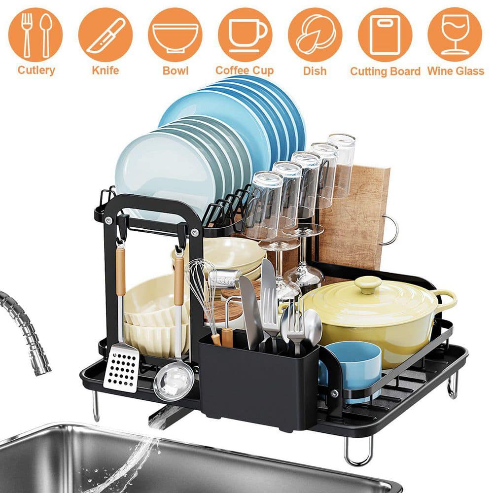 2-Tier Black Carbon Steel Detachable Dish Rack With Drainboard For Kitchen Counter