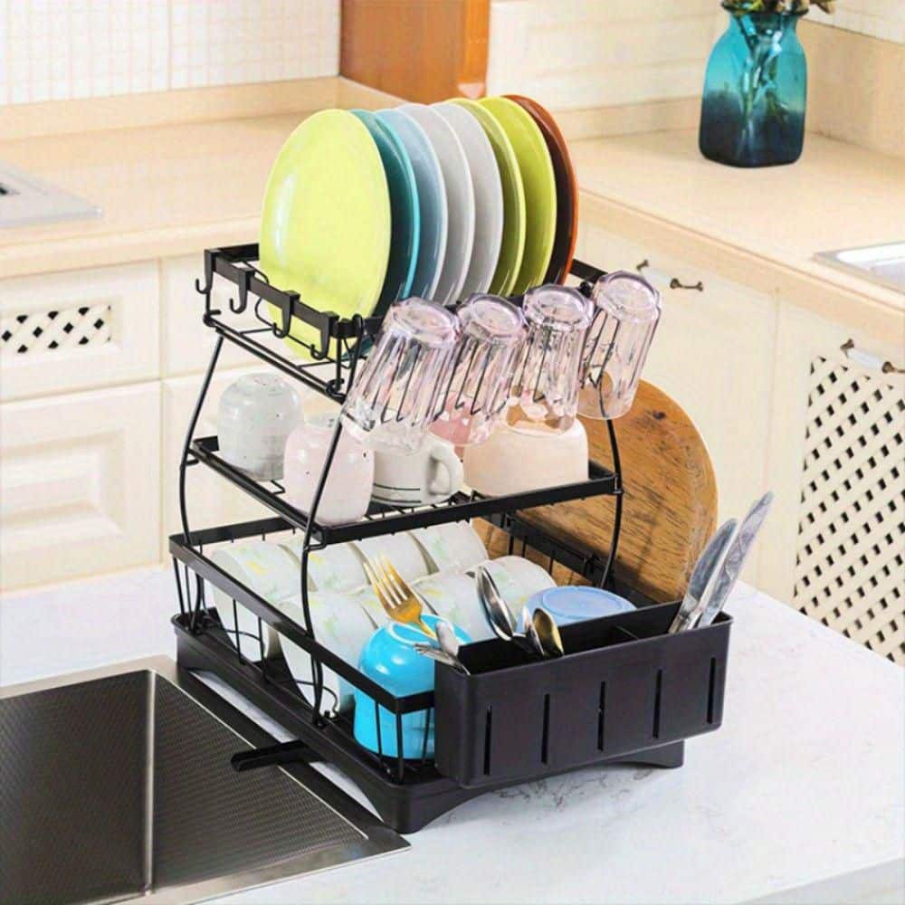 3-Tier Automatic Drainage Dish Rack-Rust-Proof Large Drying Rack For Kitchen Counter