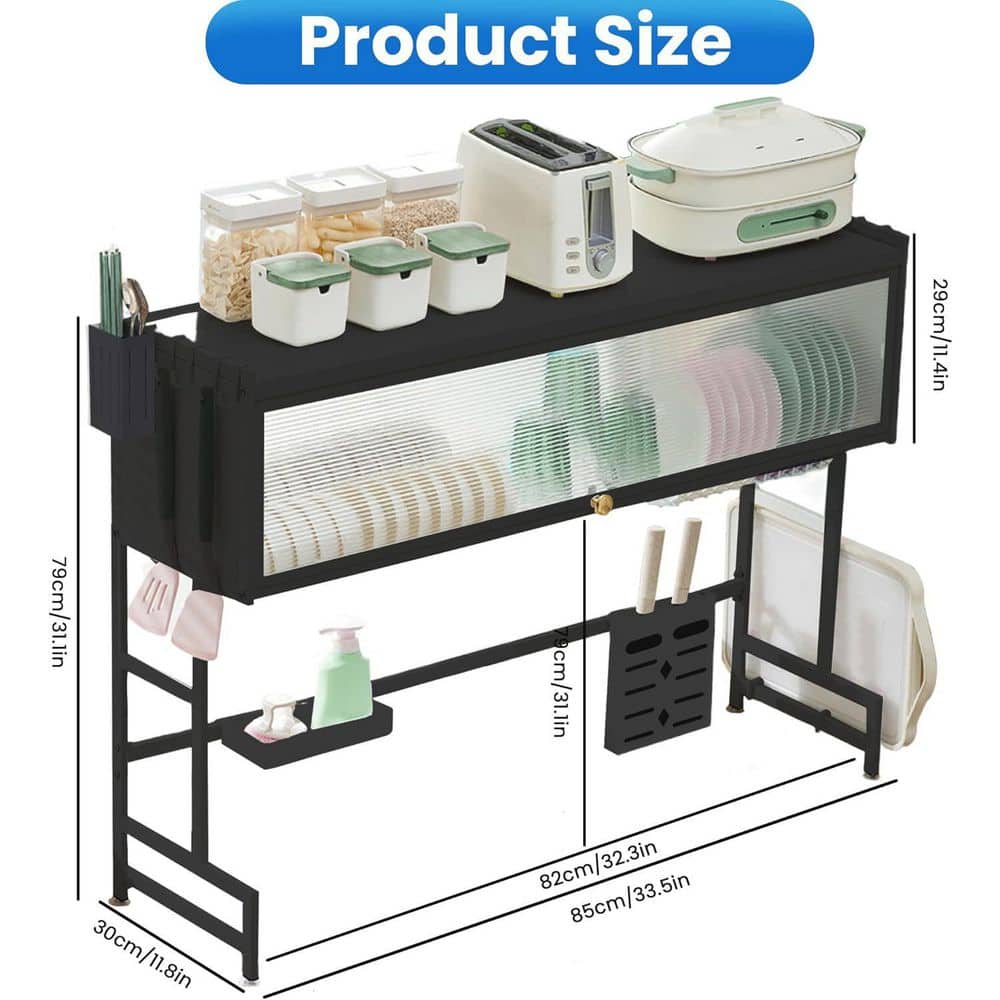3-Tier Over Sink Dish Rack-33.5" Space-Saving Storage With Cover, Baskets & Utensil Holder (Black)