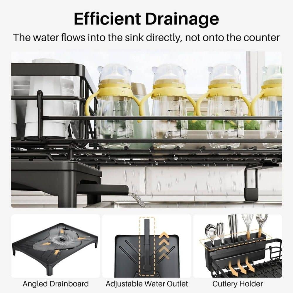 Expandable Stainless Steel Dish Rack-Large Over-Sink Drainer With Drainboard & Utensil Holder (Black)