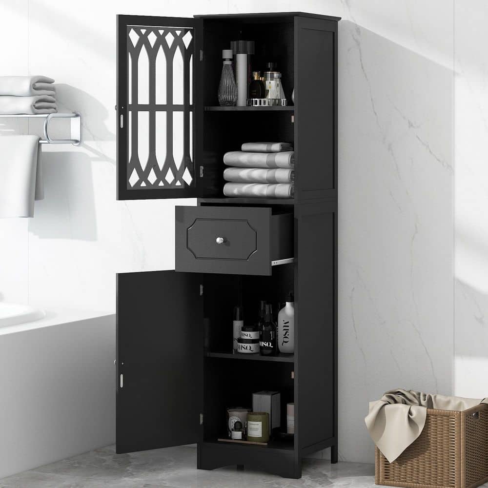 Tall Freestanding Bathroom Cabinet With Drawer, Doors And Acrylic Panel In Black