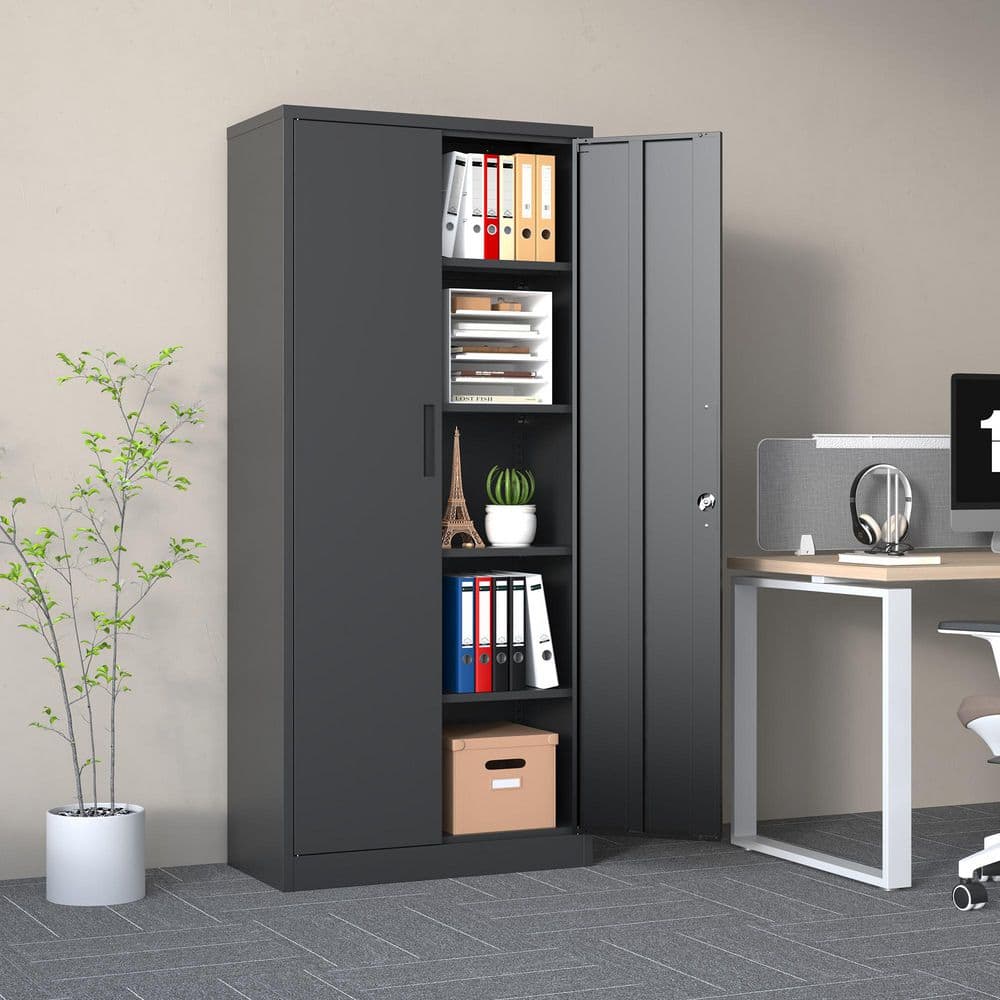 72 In. Tall Locking Metal Cabinet: Garage Tool Storage 4-Shelves And Doors In Black