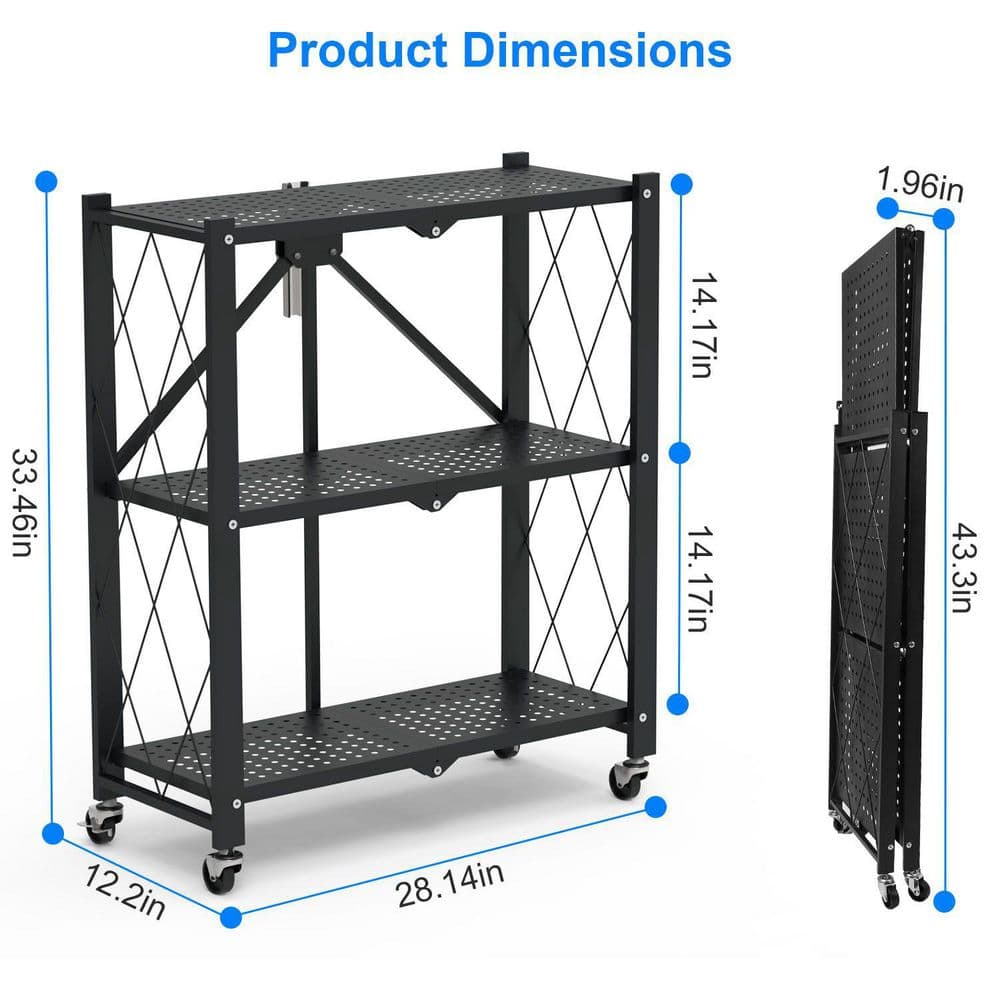 3-Tier Foldable Storage Shelf-Lockable Wheels, No Assembly, Heavy-Duty Rolling Organizer Rack In Black