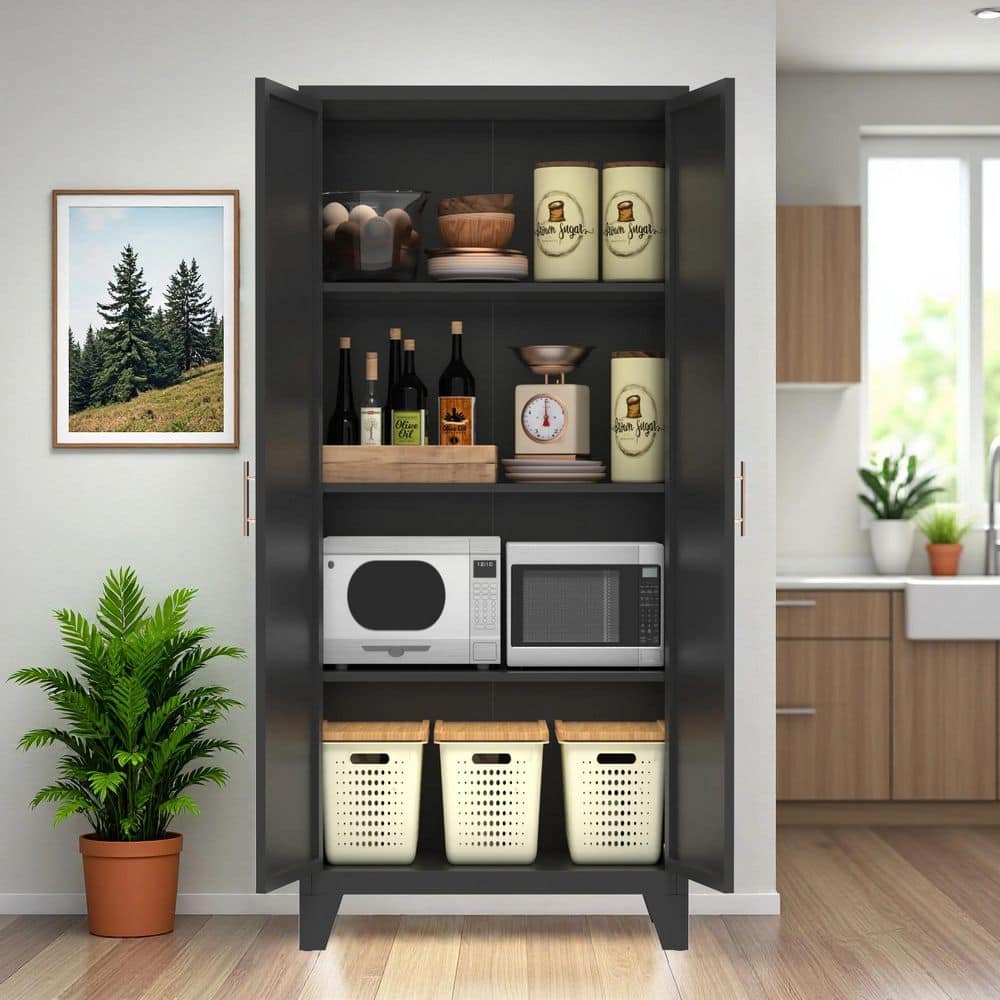 61 In 2 Shapely Doors Cabinet, Metal Storage Cabinet With Doors And Adjustable Shelves In Black