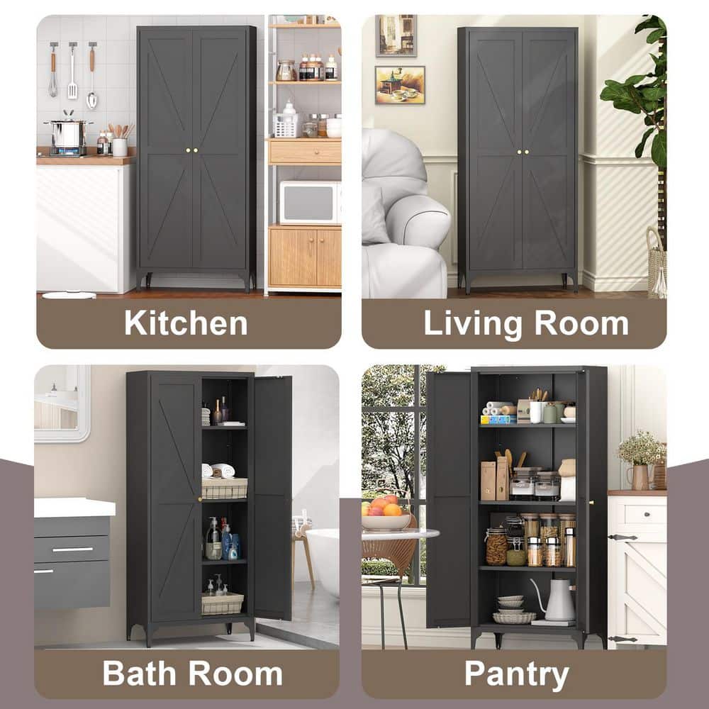 2-Door Metal Storage Cabinet: Tall Steel, Adjustable Shelves (Kitchen/Office) In Black