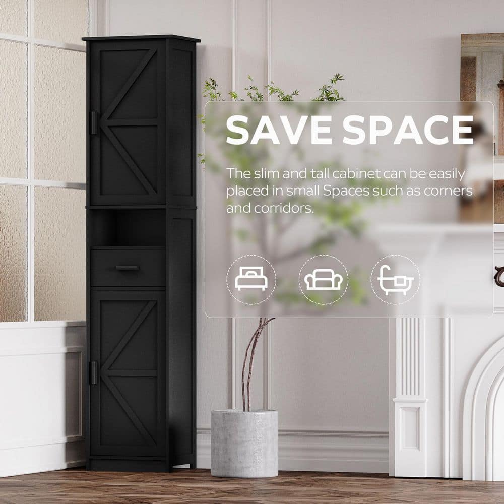 69 In. Tall Adjustable-Shelf Storage Cabinet With 2 Barn Doors For Bath, Living, Entryway And Kitchen (Black)