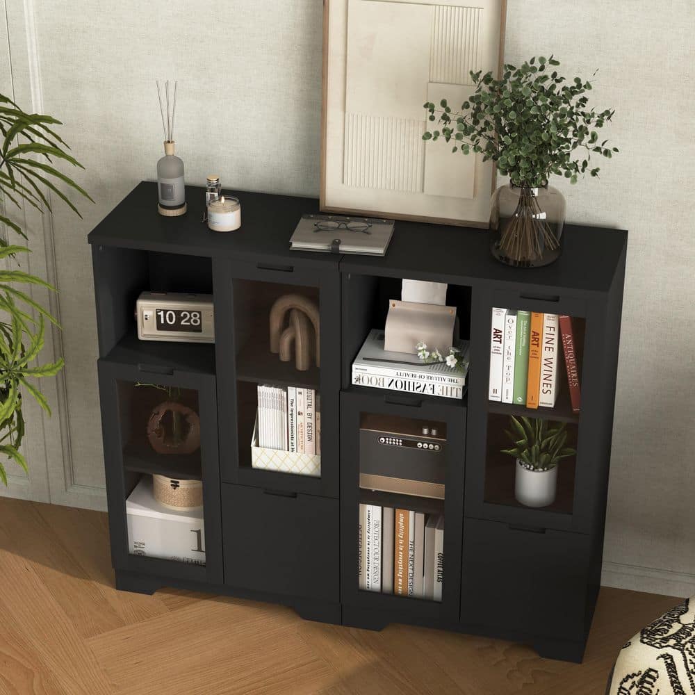 MDF Painted Cabinet With Glass Doors And Drawer, Open Storage Space, Bedroom, Living Room In Black