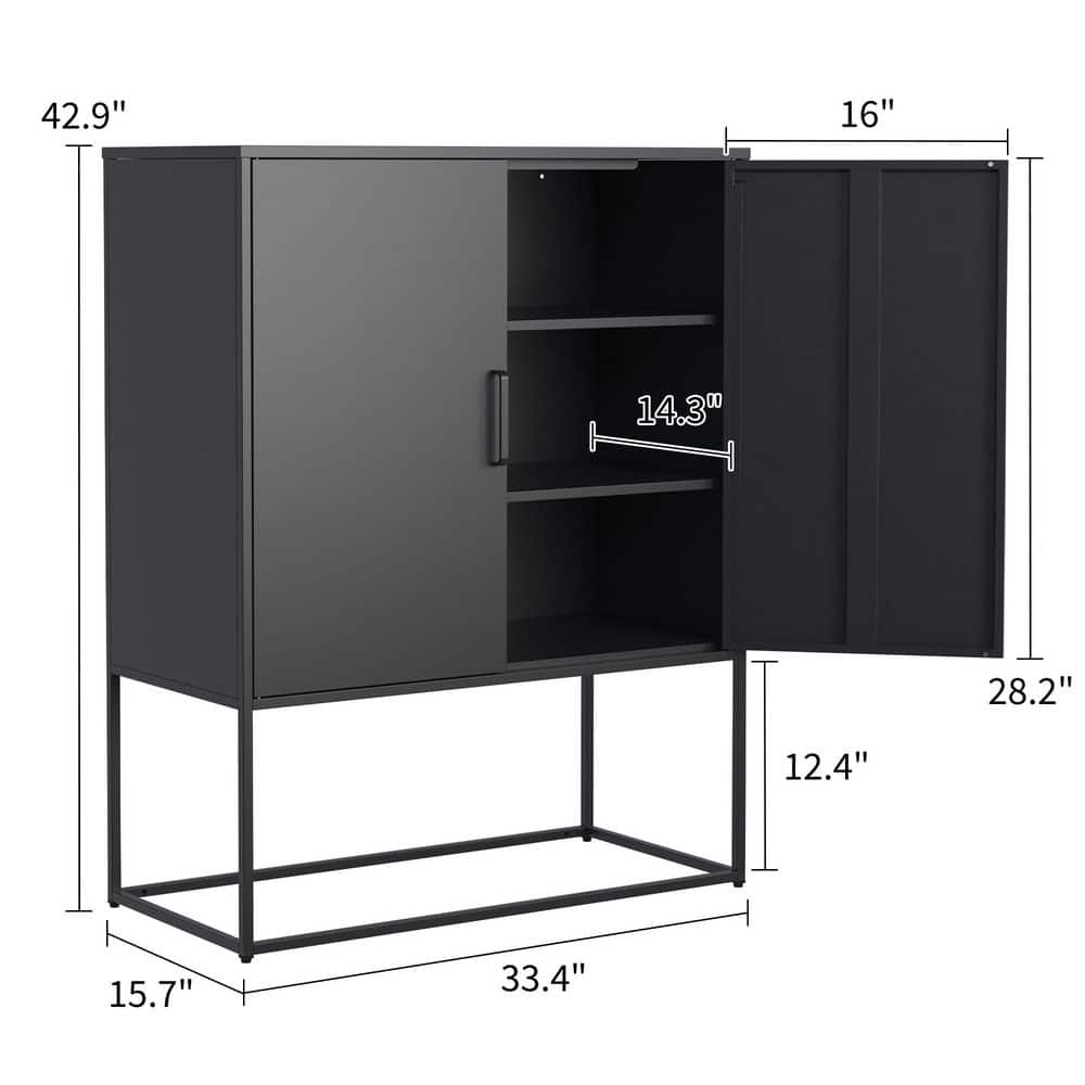Black Heavy-Duty Metal Sideboard, 2 Shelves, Magnetic Doors Freestanding, For Home, Anti-Tip, Easy Assemble