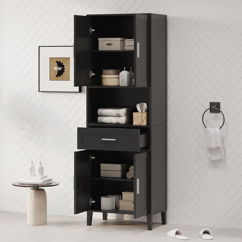 70.9in.H Freestanding Tall Bathroom Cabinet With 1 Drawer, 4 Soft-Close Doors, 2 Adjustable Shelves In Black