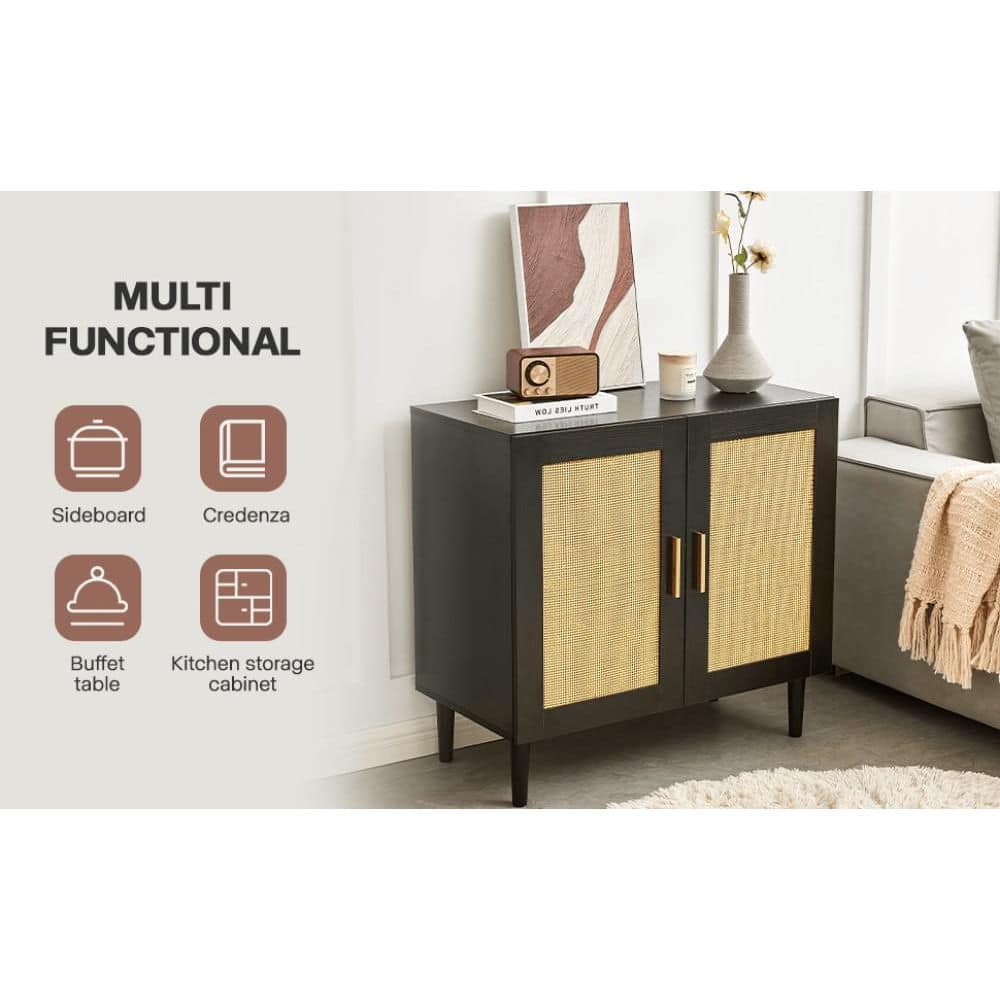 Rattan Storage Buffet: Side Panel Design, Natural Doors, Adjustable Shelves In Black