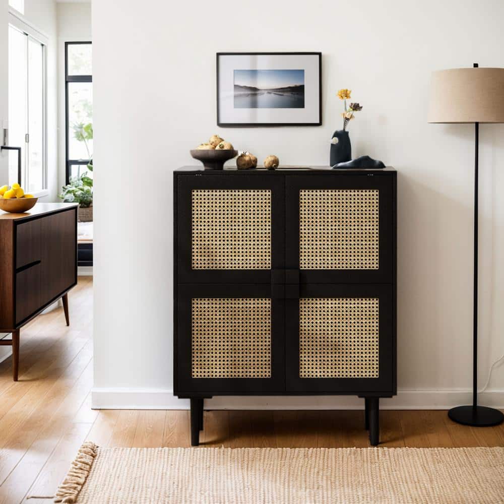 4-Doors Rattan Mesh Storage Cabinet, Sideboard With Eight Storage Spaces, For Entryway, Living Room, Hallway (Black)