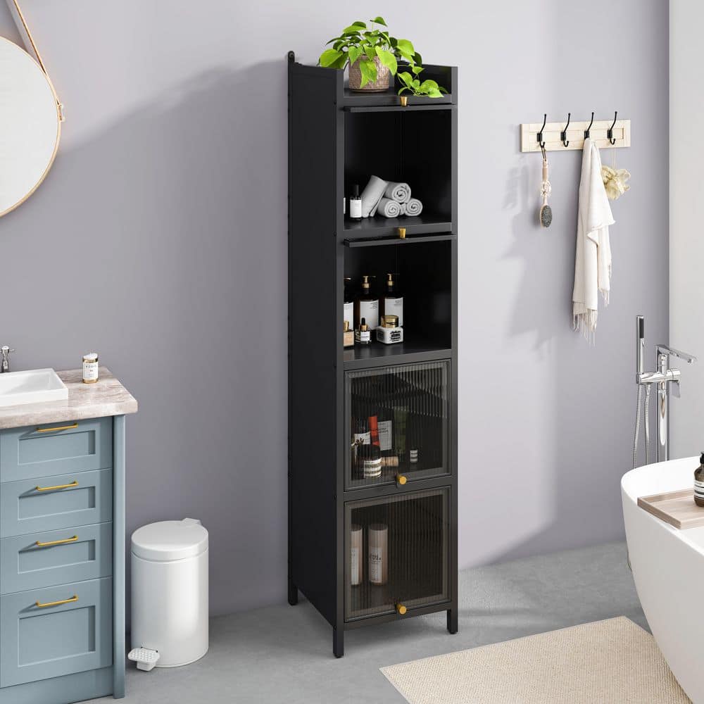 Modern Black 4-Tier Glass Door Cabinet With 5-Tier Storage, For Entryway, Living Room, Bathroom, Dining Room