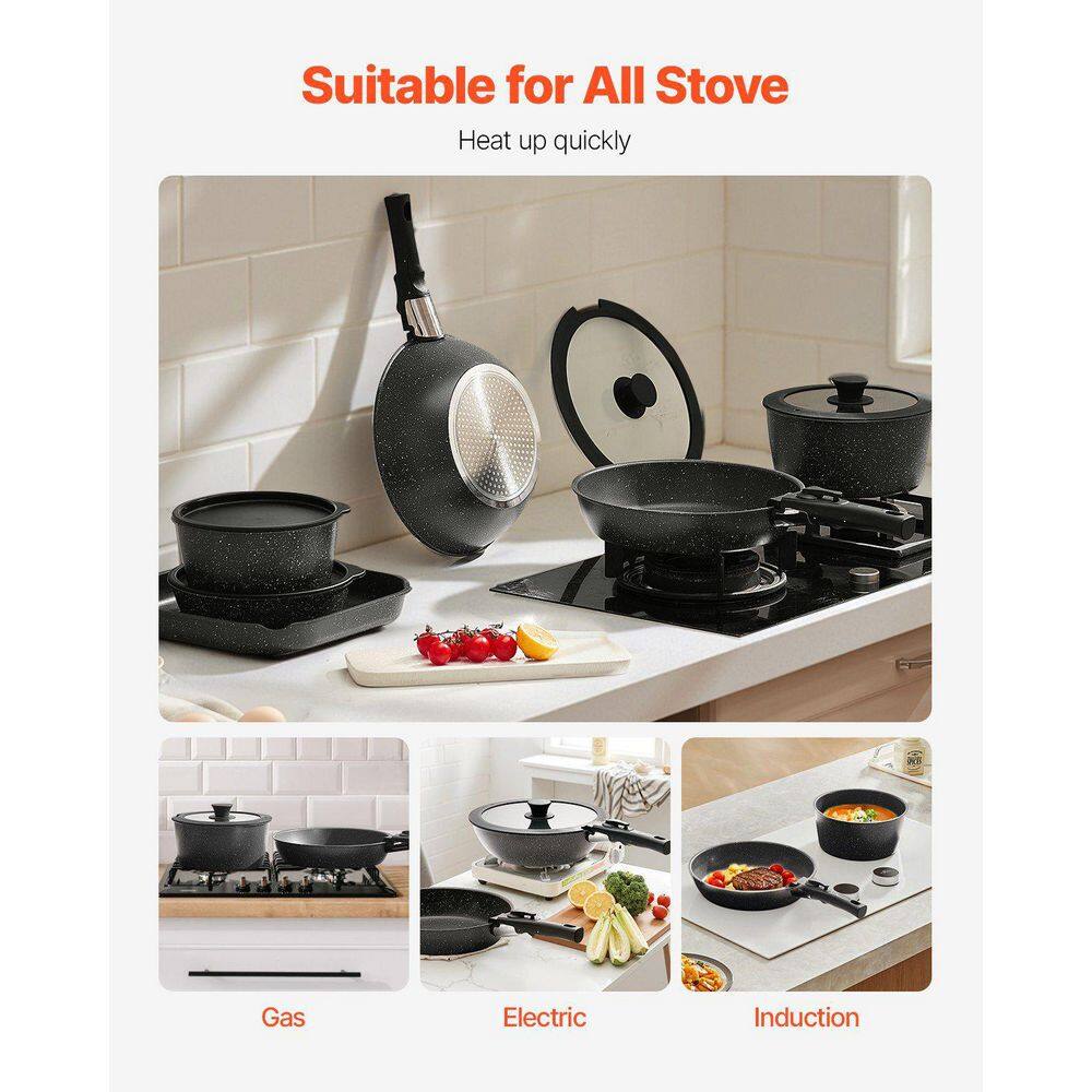 17-Piece Pots And Pans Set Stainless Steel Granite Nonstick Kitchen Cookware Induction Black