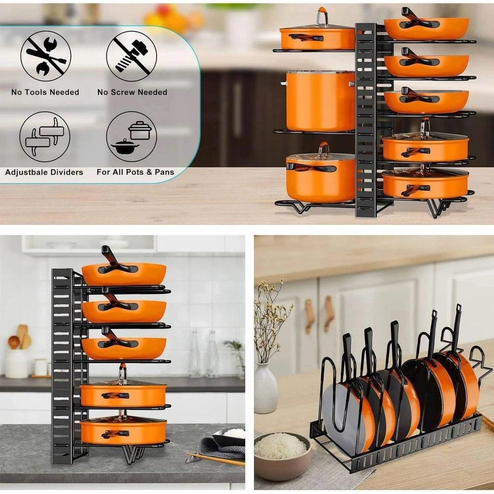 8-Tier Upgraded Pot Organizer Standing Pot Rack : Stores Pots, Pans & Lids, Ideal For Kitchen Cabinets In Black