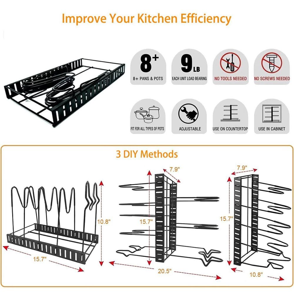 Upgraded 8-Tier Adjustable Heavy-Duty Black Pot & Pan Organizer Rack With Lid Holder (Countertop/Cabinet) Standing Rack