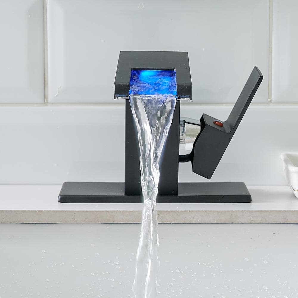 Bathroom Sink Faucet LED Light 3 Colors Changing Waterfall Glass Spout Hot Cold Water Mixer Single Handle