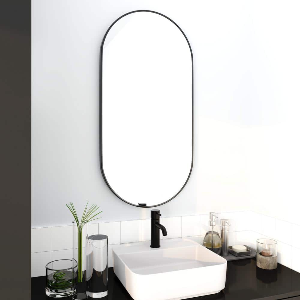 18 In. W X 35 In. H Oval Metal Framed Wall Bathroom Vanity Mirror In Black Framed