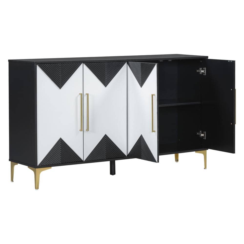 4-Door Cabinet With 2-Tone Triangular Pattern Doors-Versatile Storage For Entryway, Hallwa In Black White