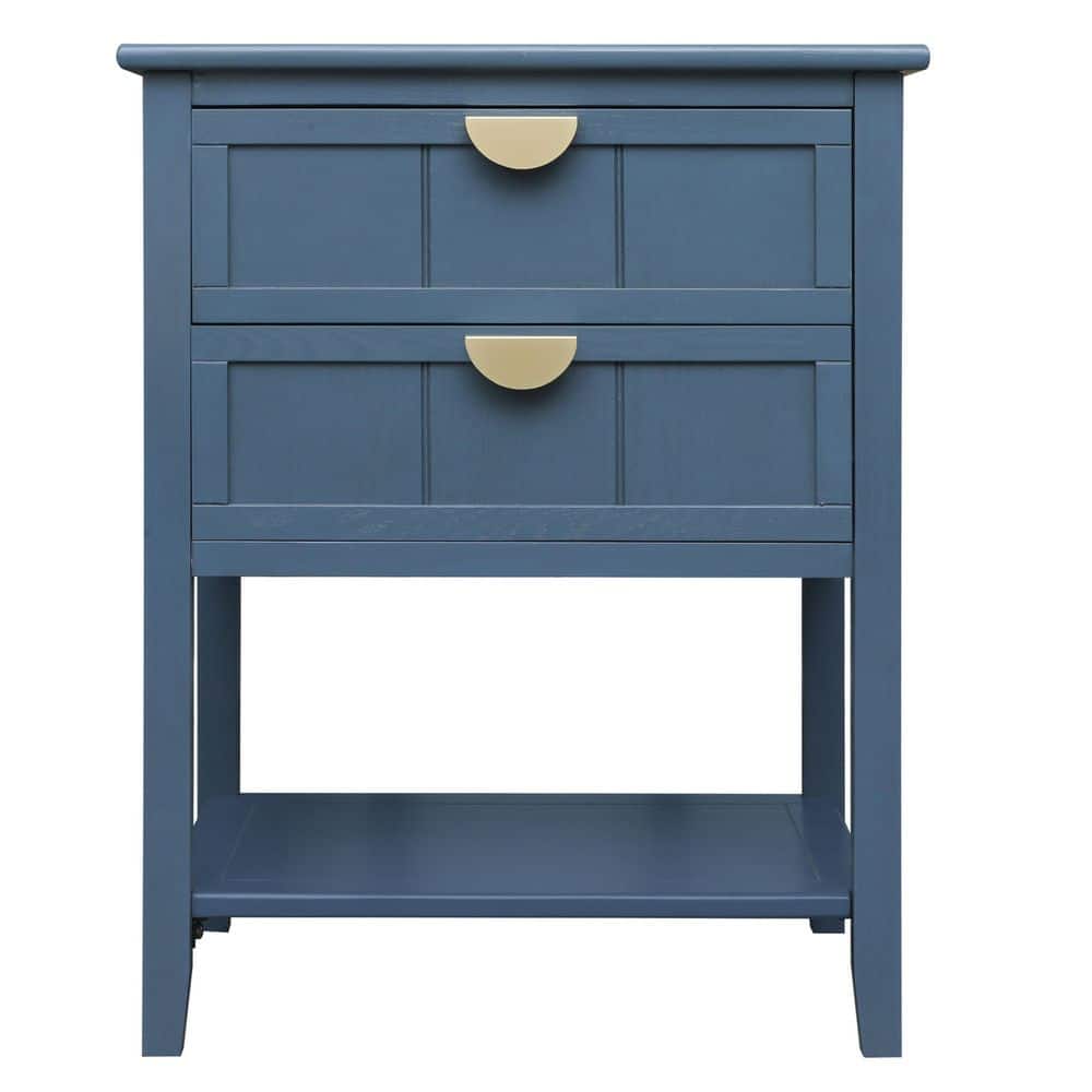 2 Drawer Side Table, American Style, End Table, Suitable For Bedroom, Living Room, Study In Blue