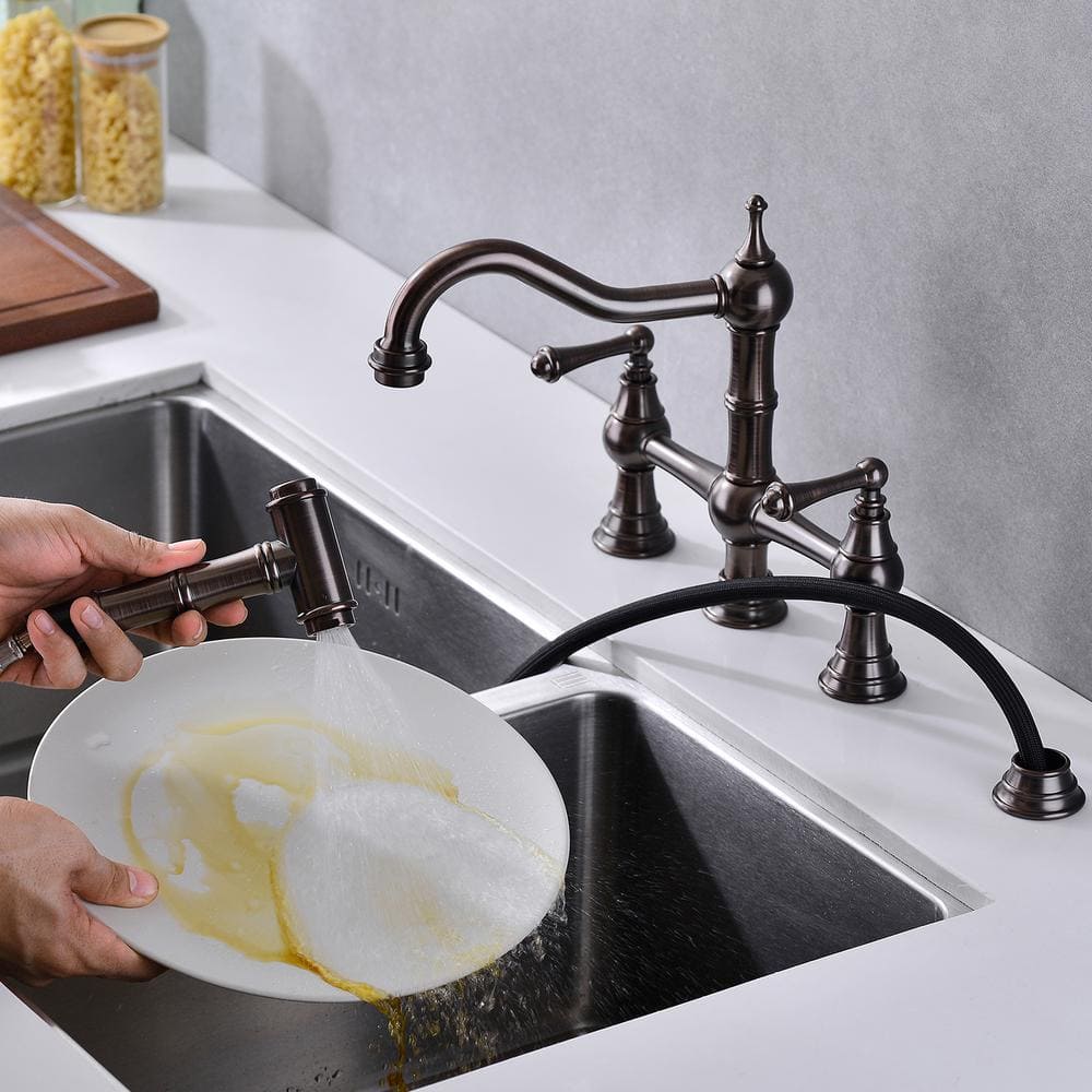 8 In. Double Handle Bridge Kitchen Faucet With Brass Side Sprayer 2-Handles 4-Holes Deck-Mount In Bronze