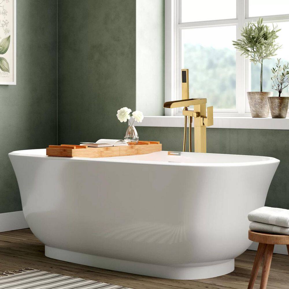 1-Handle Swivel Spout Freestanding Waterfall Tub Filler With Hand Shower In Brushed Gold
