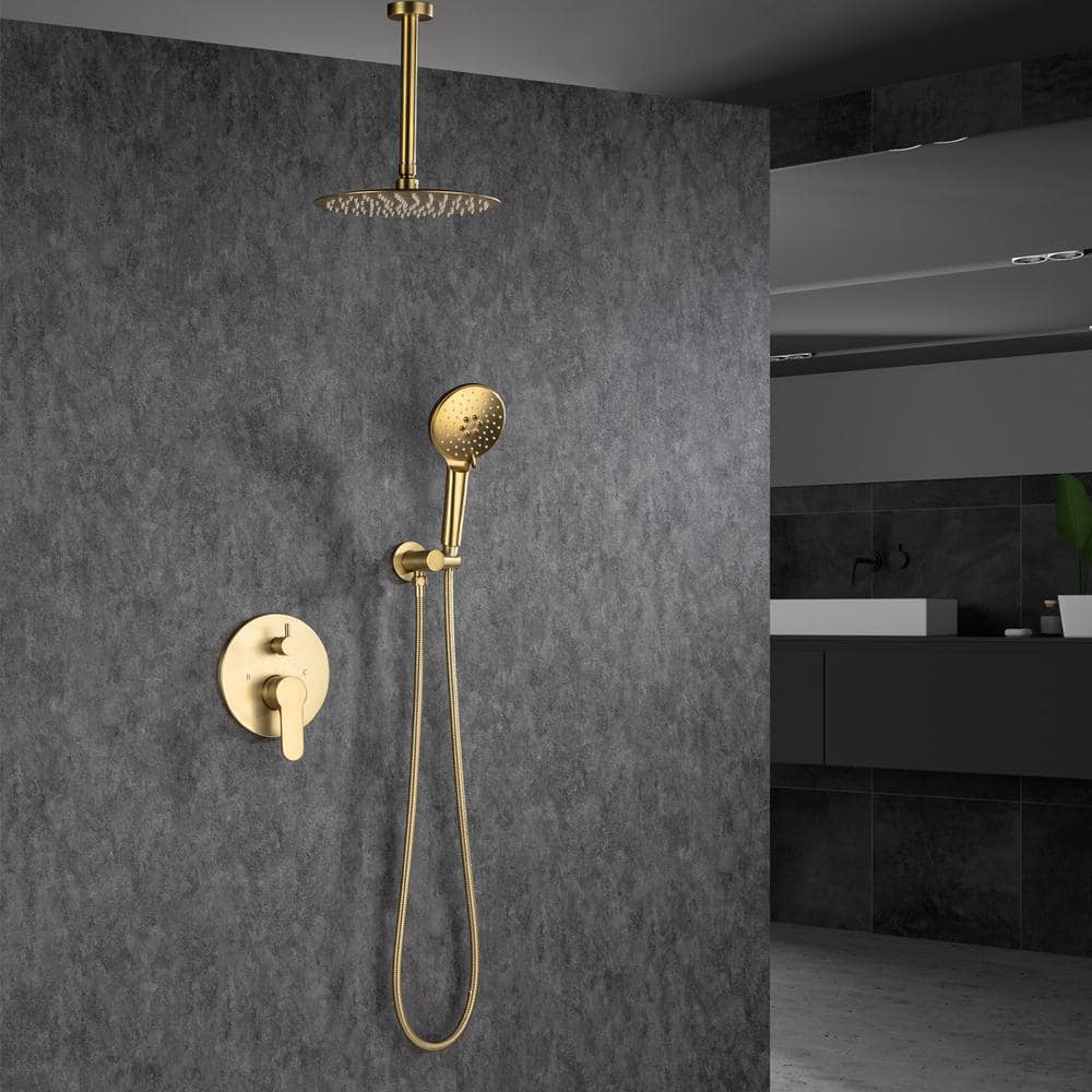 3-Spray Patterns With 2.5 GPM 12 In. Ceiling Mounted Dual Shower Heads Shower System Mix Set In Brushed Gold