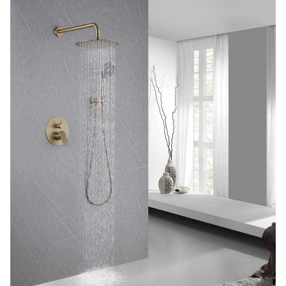 1-Spray Dual Wall Mounted Fixed And Handheld Shower Head 2.5 GPM Rain Shower Faucet In Brushed Gold