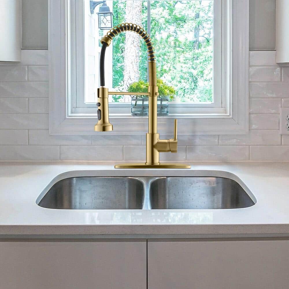 Single Handle Deck Mount Pull Down Sprayer Kitchen Faucet In Brushed Gold