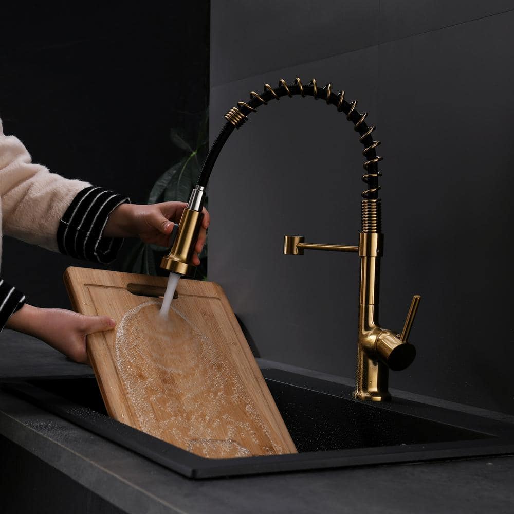 Decor Single Handle Single Hole Brass Pull Down Sprayer Kitchen Faucet In Brushed Gold