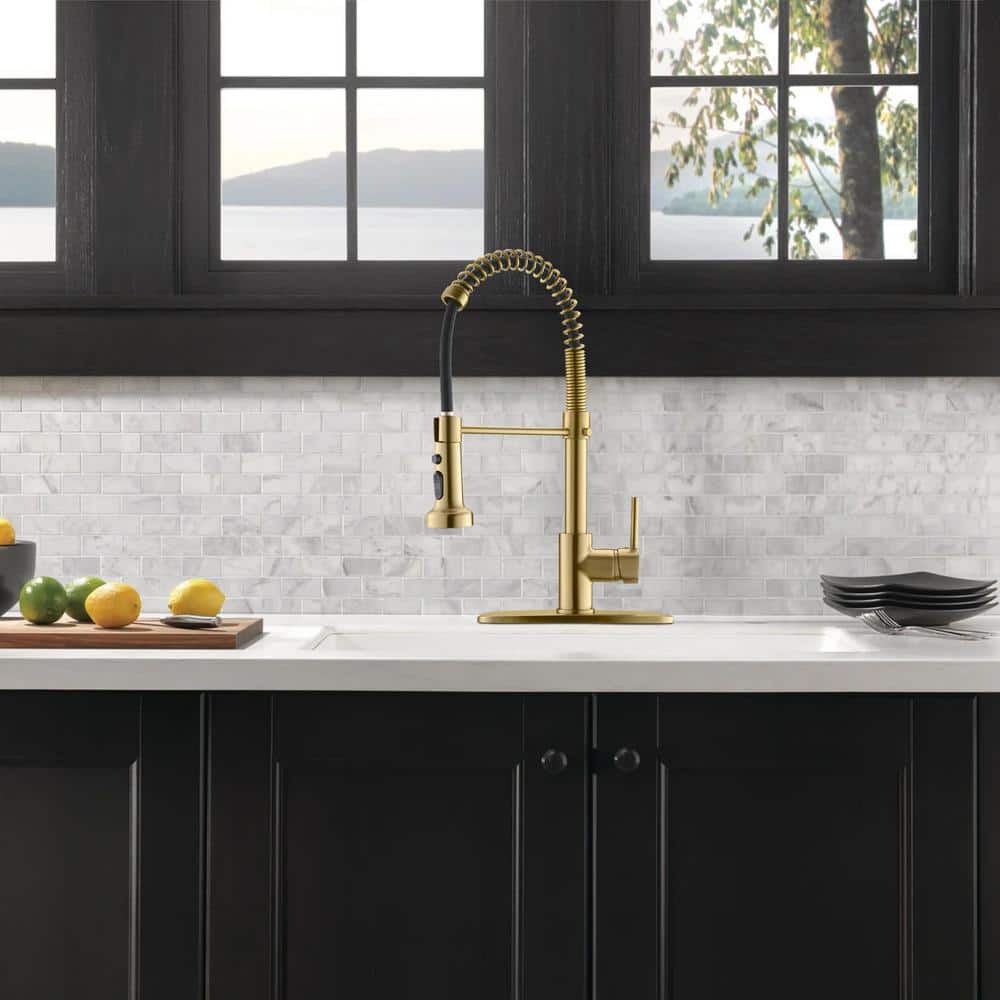 Single Handle Deck Mount Gooseneck Pull Out Sprayer Kitchen Faucet With Deckplate Included In Brushed Gold