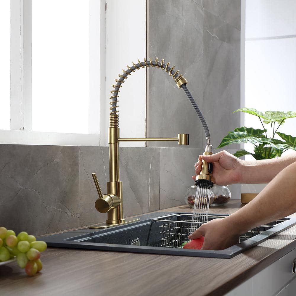 Single Handle Deck Mount Pull Out Sprayer Kitchen Faucet With Deckplate Included In Brushed Gold