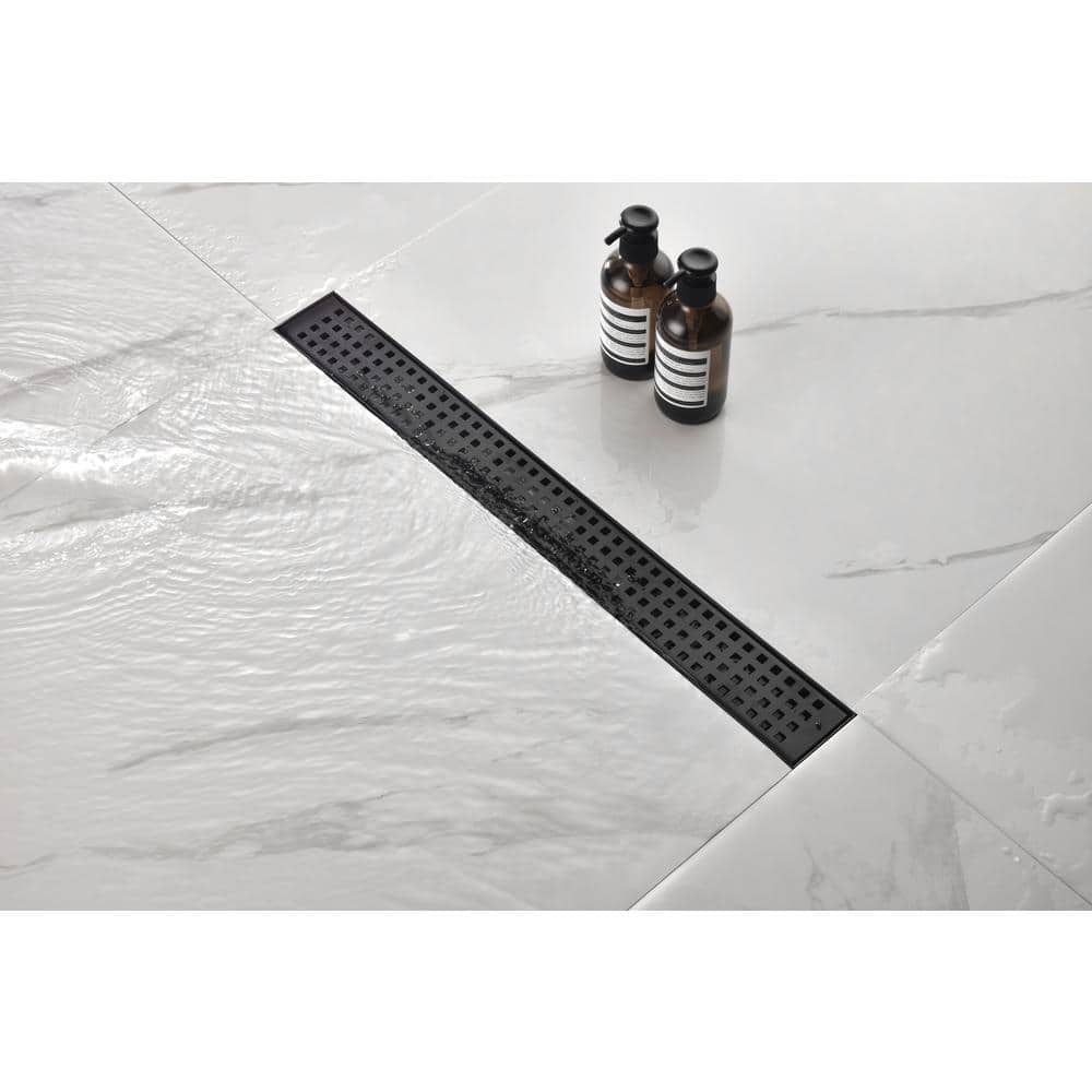Linear Shower Drain With Removable Quadrato Pattern Grate, Included Hair Strainer And Leveling Feet