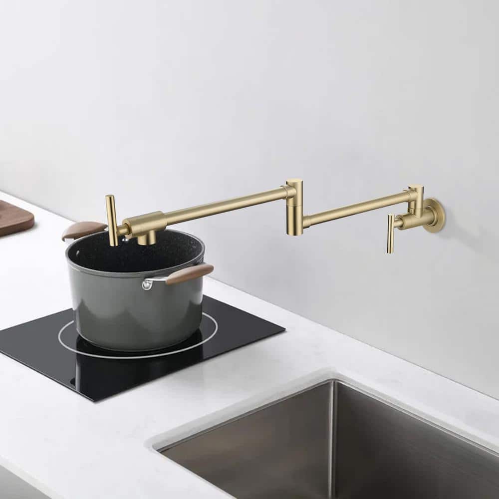 Double Handles Wall Mounted Pot Filler In Brushed Gold