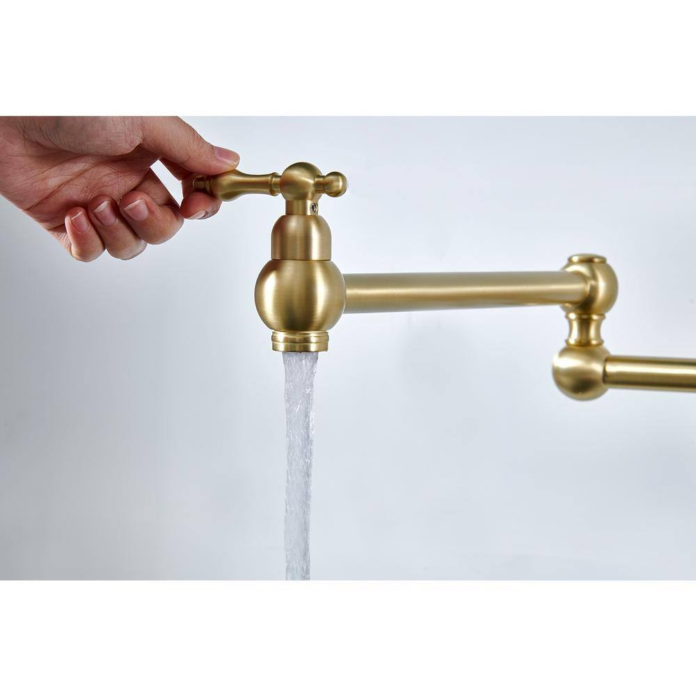 Wall Mount Folding Kitchen Pot Filler Faucet In Brushed Gold