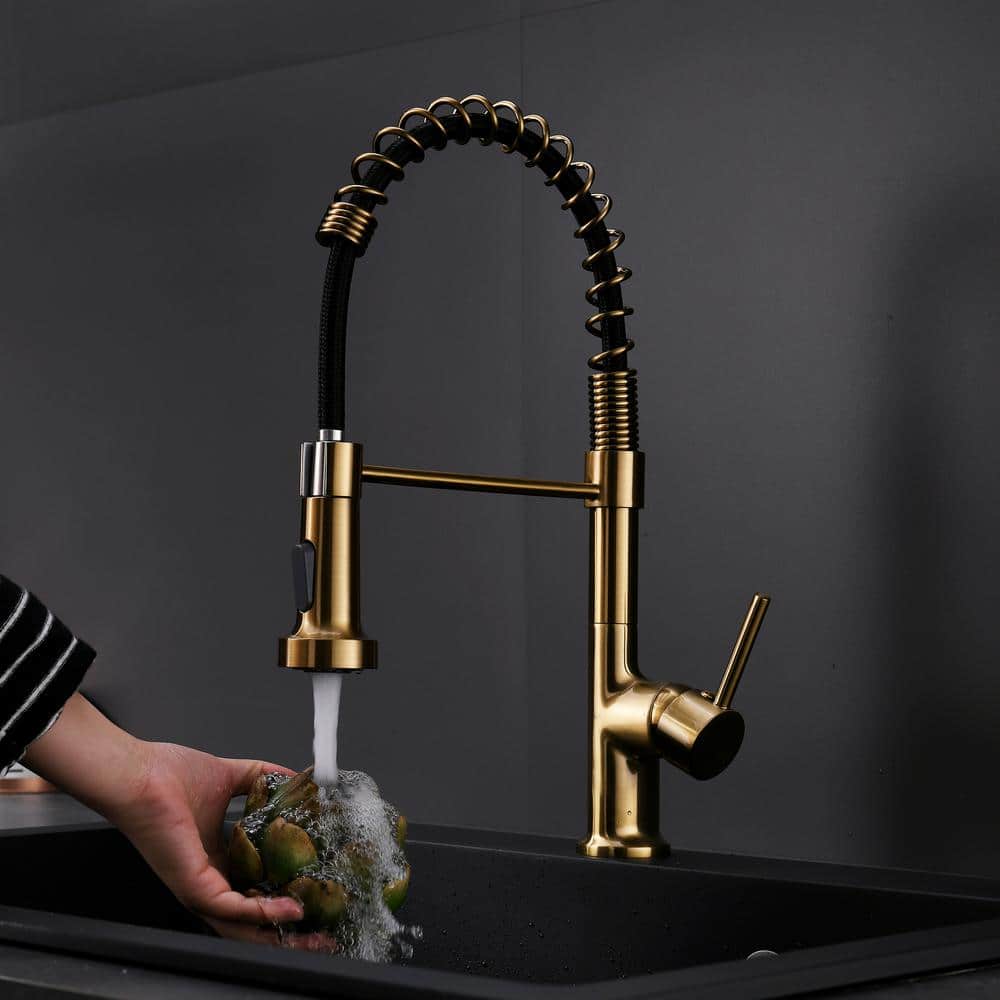 Single-Handle Pull Down Sprayer Kitchen Faucet, Modern High-Arc Pull Out Kitchen Sink Faucet In Brushed Gold