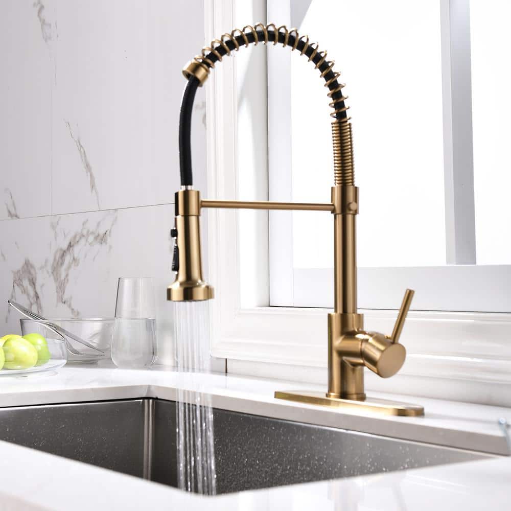 Commercial Brushed Nickel Kitchen Faucet With Pull Down Sprayer, Single Lever Kitchen Sink Faucet With Deck Plate