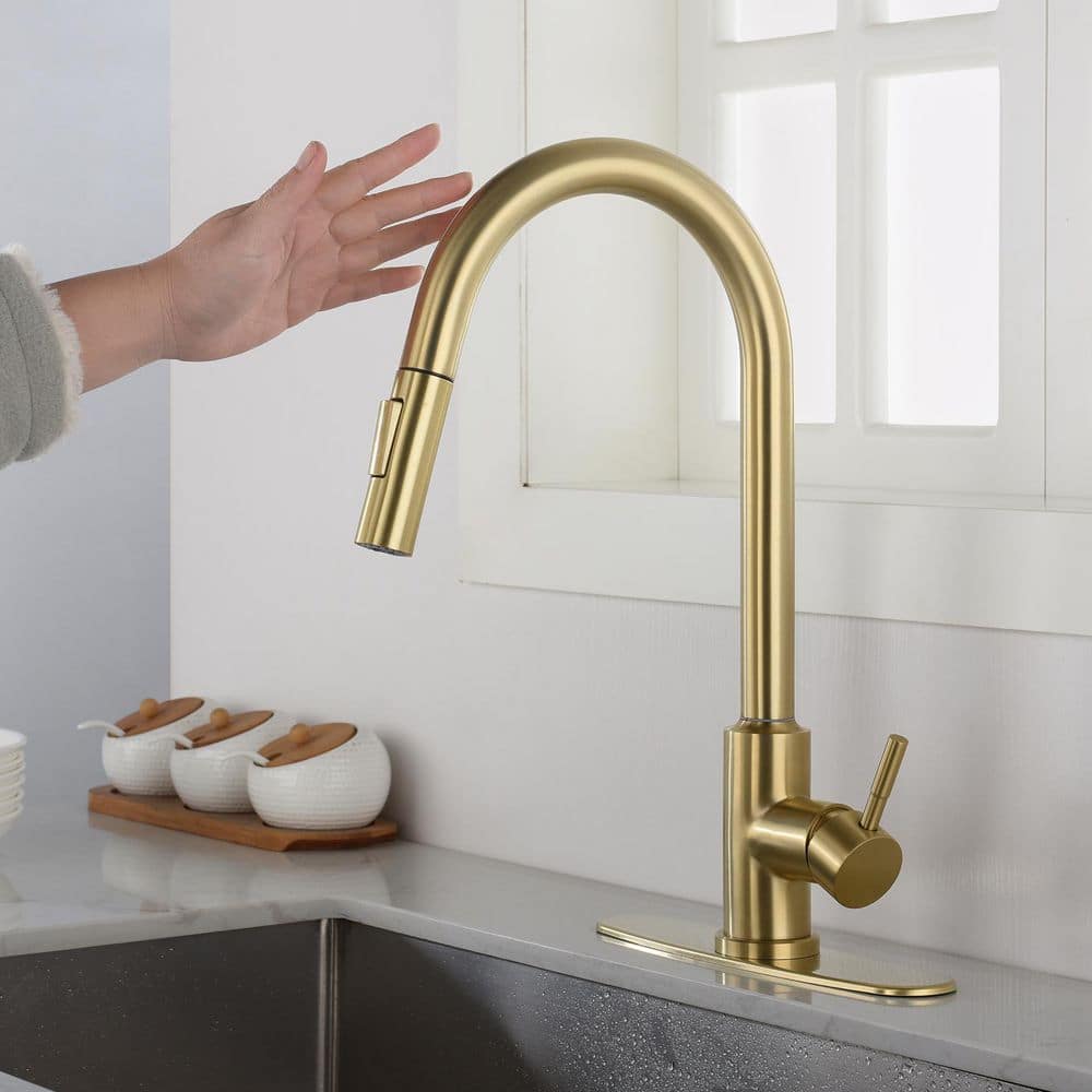 16.14 In Brushed Gold 360 Degree Spout Swivel Touch Kitchen Faucet With Pull Down Sprayer