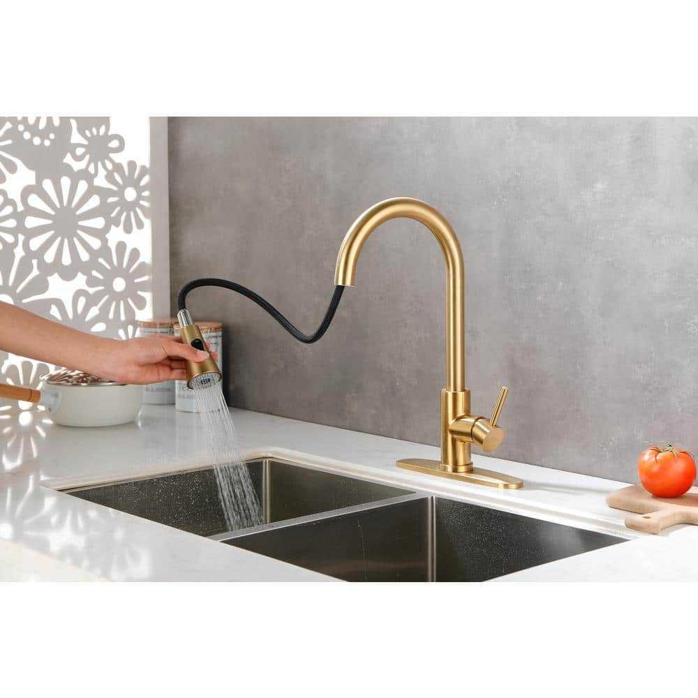 Single Handle Pull Out Sprayer Kitchen Faucet Deckplate Included InBrushed Gold