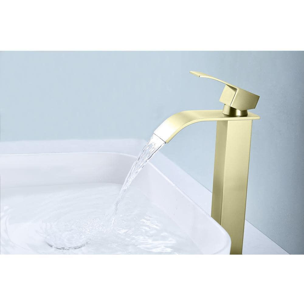 Waterfall Spout Single Handle Bathroom Sink Faucet In Brushed Gold