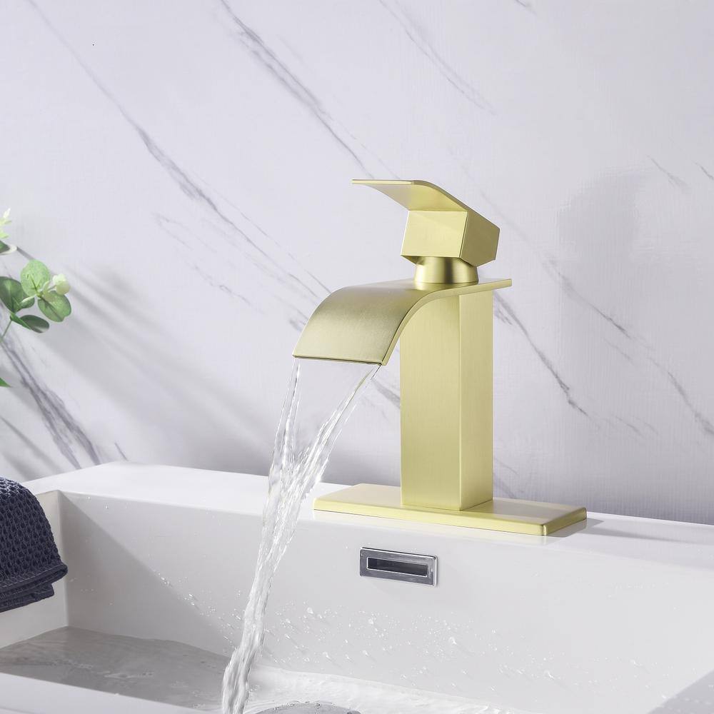 Single Hole Waterfall Spout Bathroom Faucet, Single Handle Bathroom Vanity Sink Faucet In Brushed Gold