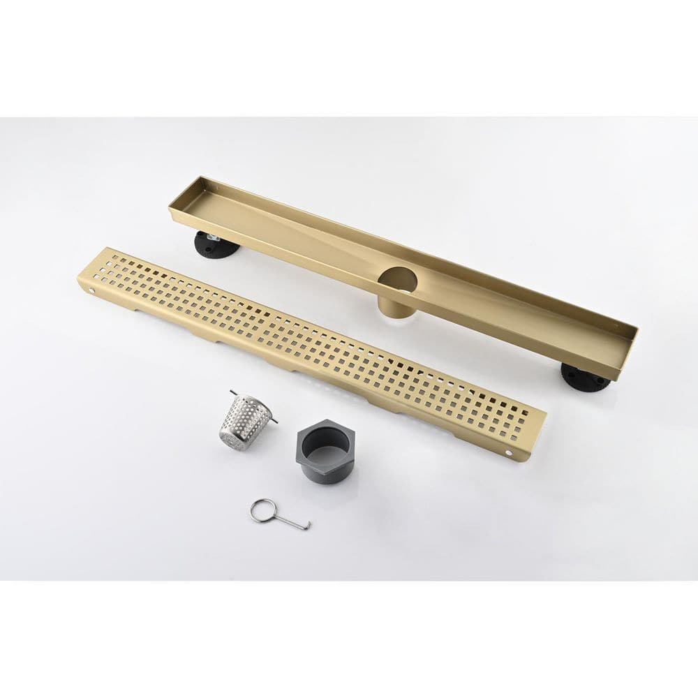 12 In. Linear Shower Drain With Removable Quadrato Pattern Grate Hair Strainer And Leveling Ft. In Brushed Gold