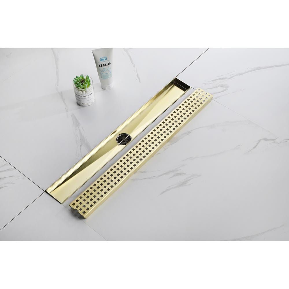 24 In. Square Shower Floor Drain With Flange, Pattern Grate Removable In Brushed Gold